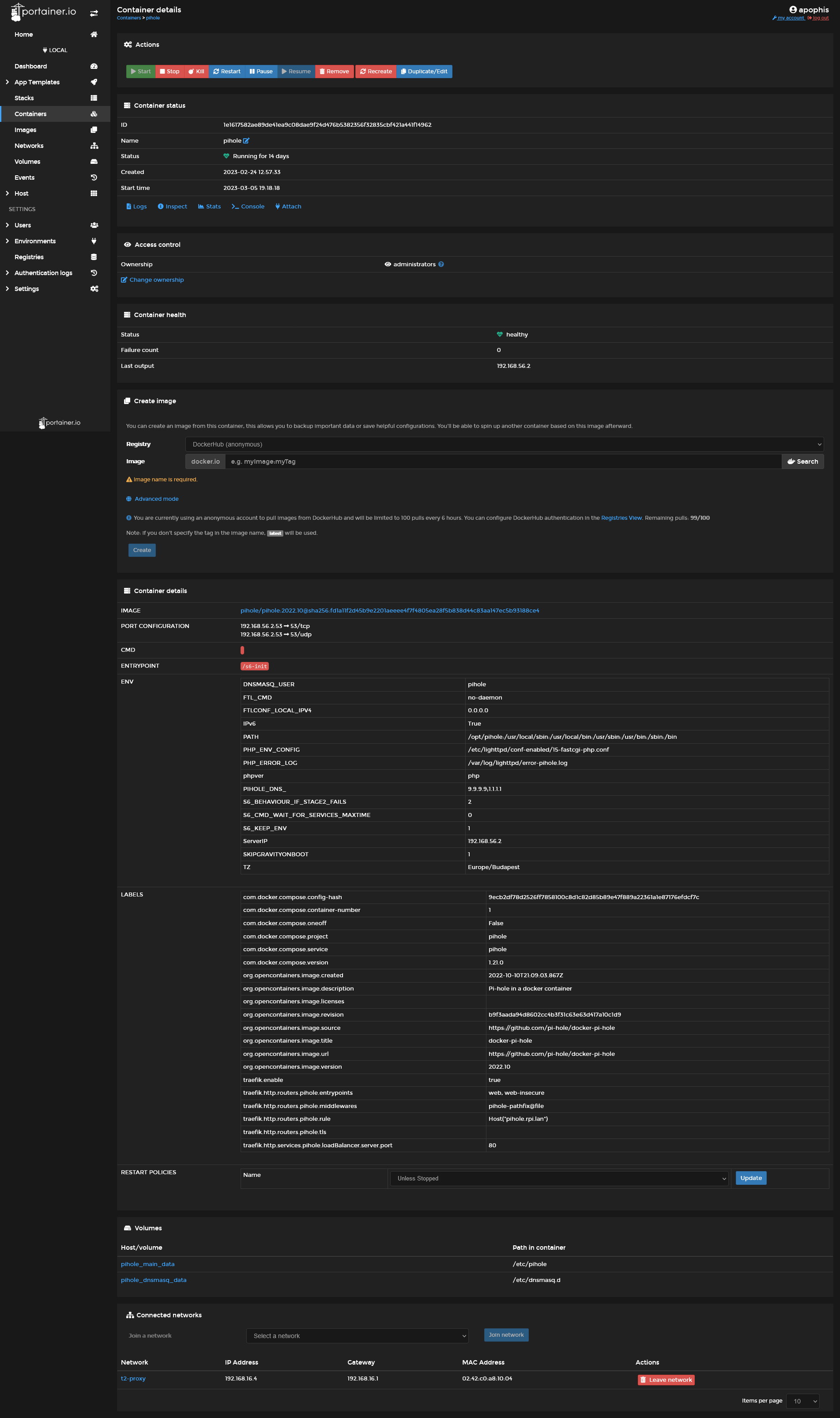 Details of a running container in Portainer