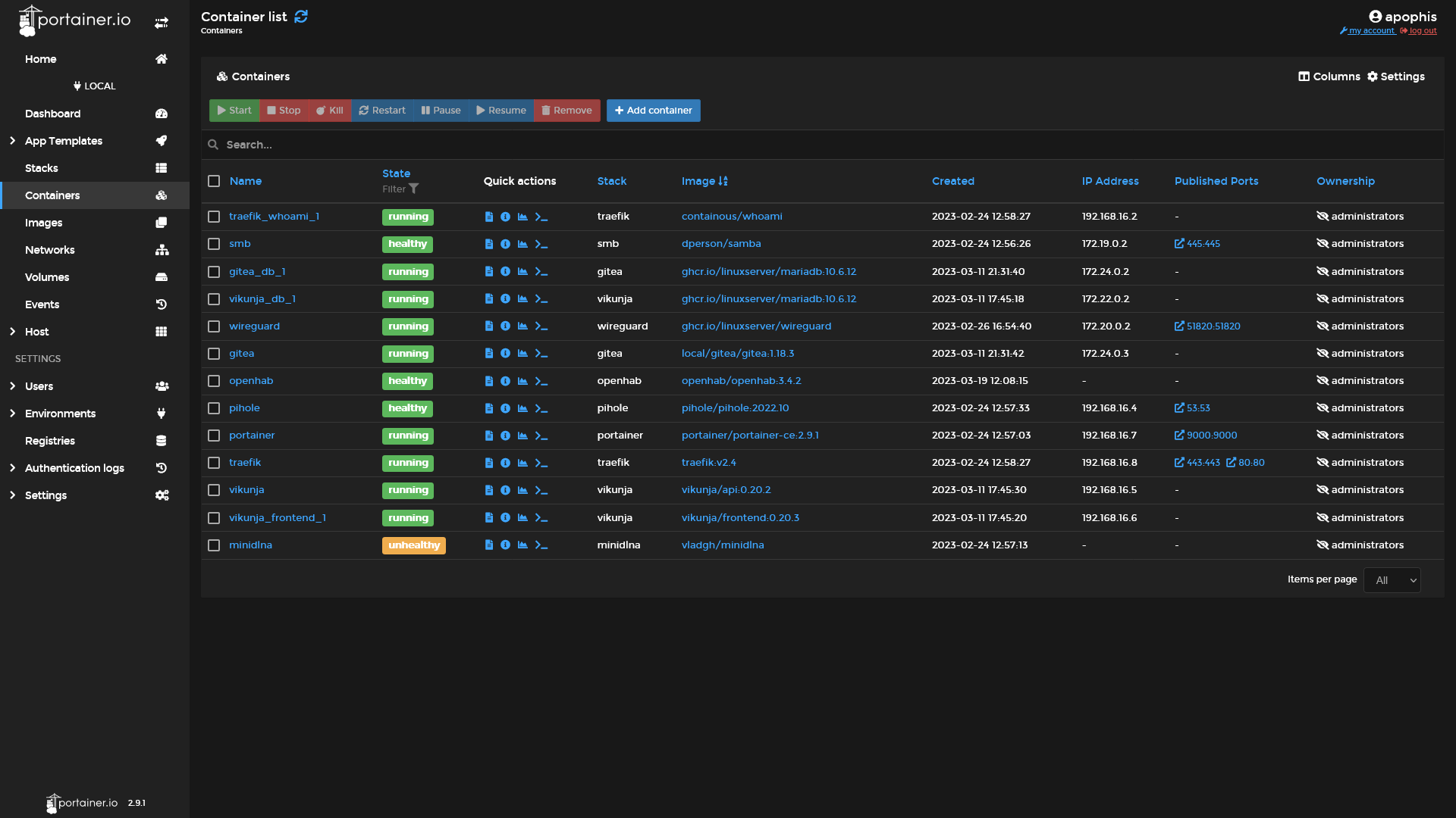 Container list menu of Portainer