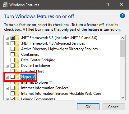 Hyper-V in the Features selection window