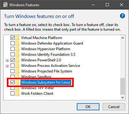 WSL in the Features selection window